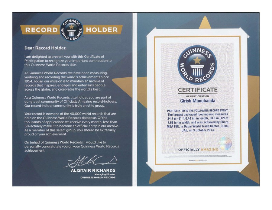 Guinness World Records certificate of participation, largest packaged food mosaic