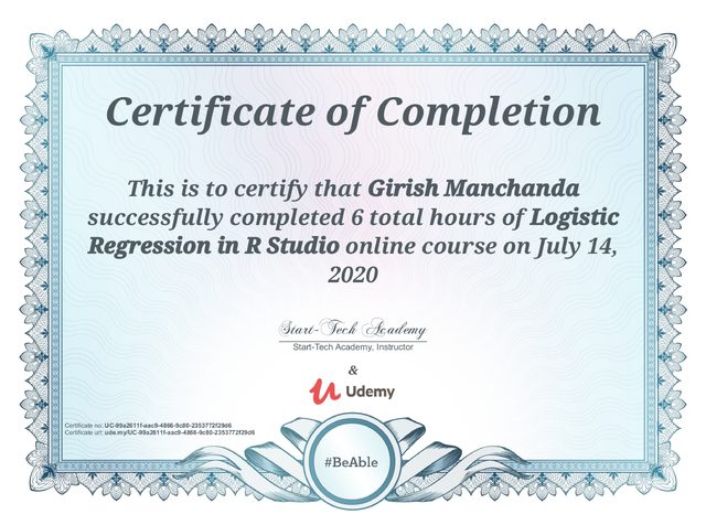 Logistic Regression in R Studio certificate