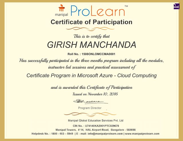 Microsoft Azure Cloud Computing certificate