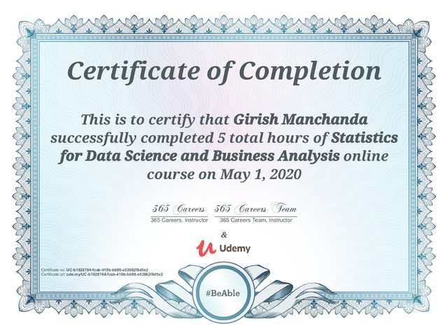 Statistics for Data Science and Business Analysis certificate